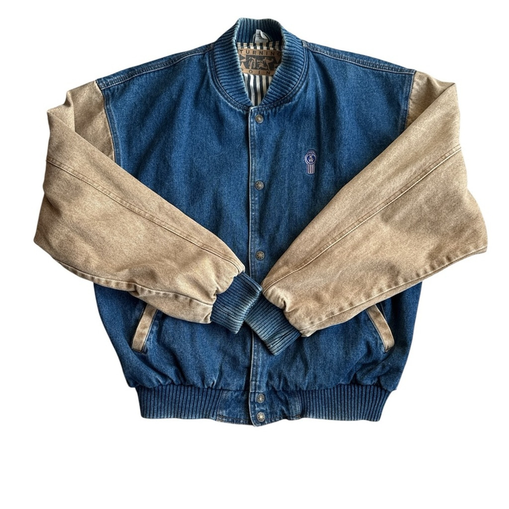 Vintage Men’s Turning Point Denim Colour block Bomber Jacket Size M Oversized